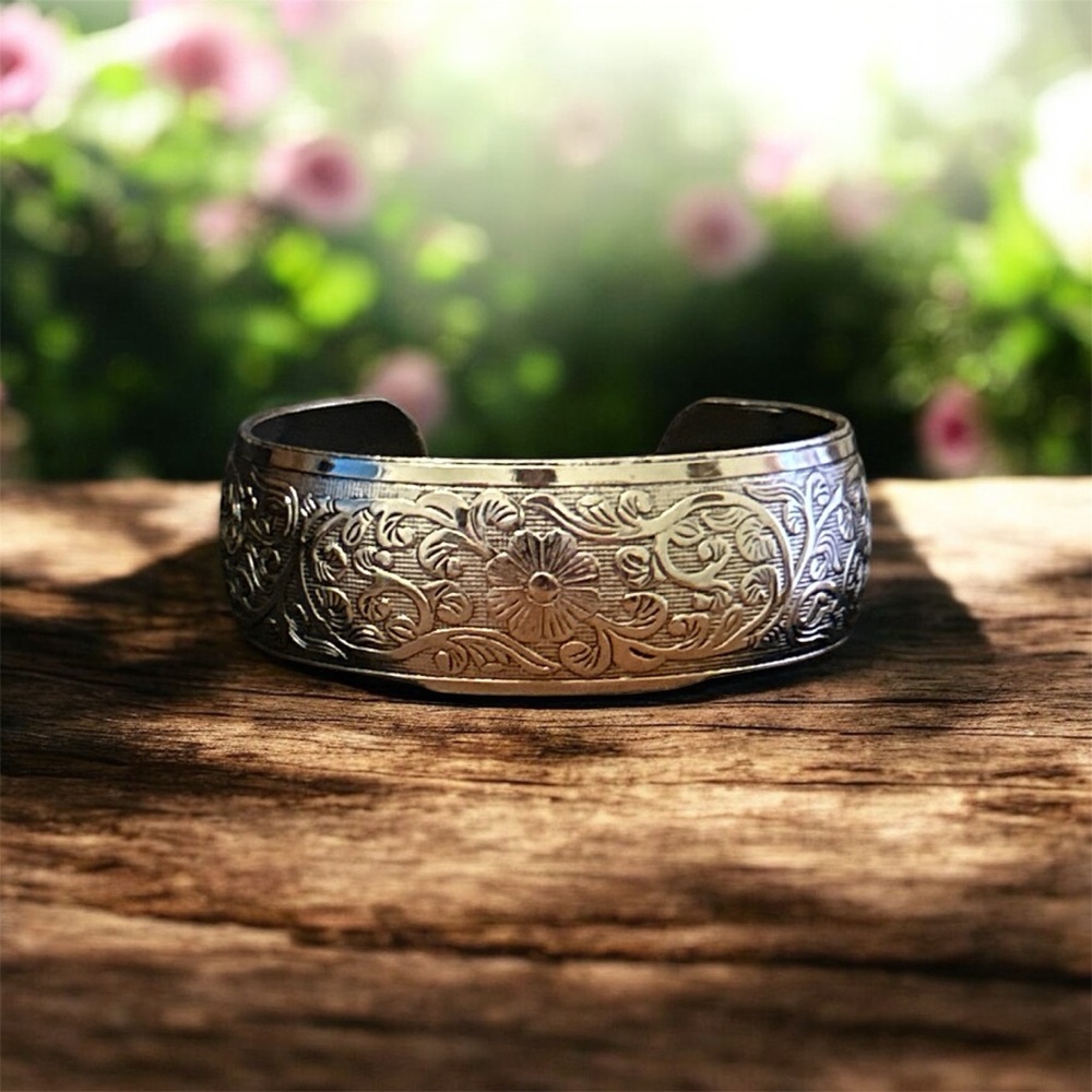 Floral Engraved Silver Cuff Bracelet